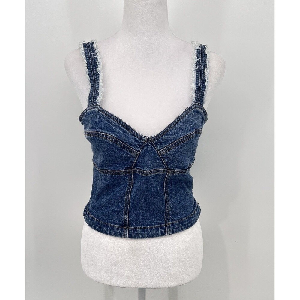 Anthropologie Pilcro Denim Tank Top Womens Size 6 Blue Cropped Smocked Festival - Picture 2 of 15
